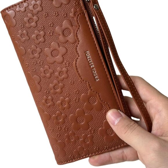Women's Leather Wallet, Large Capacity Clutch with Phone Holder, Floral Embossed - Picture 8 of 8
